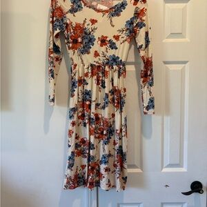 Floral Long-Sleeve Cream Dress with Blue & Rust Flowers